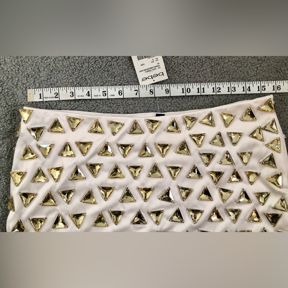 NEW BEBE micro mini winter cream gold triangle beaded beads super short skirt 8 - Picture 5 of 9